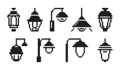 Assorted pixel art style street lamp silhouettes for architectural exterior lighting design. © VANU