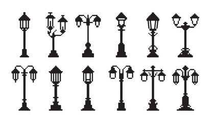 Set of multiple vintage style street lamp silhouettes designed with unique pixel art look. © VANU