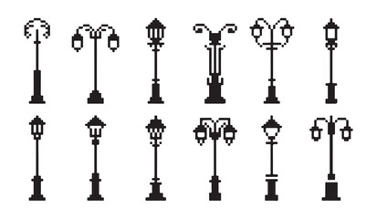 Compilation of various street lamp silhouettes created in a detailed pixel art aesthetic. © VANU