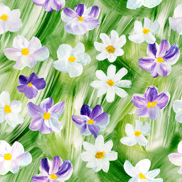 Seamless pattern of abstract white and purple flowers on green field, original hand drawn, impressionism style