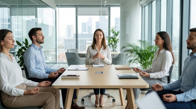 Diverse business professionals meditating together in bright office.