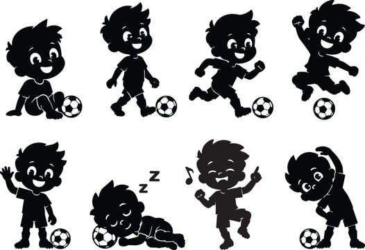 Boy and Girl Silhouette Vector Set with Child Characters, Dog, Cat, Dancing, and Playful Cartoon Illustration Collection Isolated on White Background