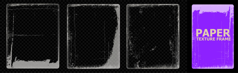 Grunge vintage film frame overlay set with distressed scratched borders, worn paper texture edges and transparent background for retro photo design. Vector illustration overlay of paper texture.