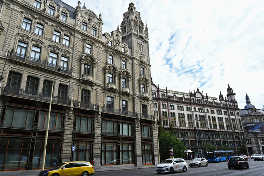 Panoramic view, streetscape and skyline of Budapest, Hungary. the newly renovated Klotild palace. also called the Klotild twins and the Parisien court. perspective. view. Architecture, travel, tourism