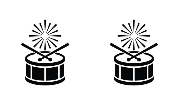 Black and white minimalist illustration of two snare drums with crossed drumsticks and fireworks, music and celebration theme
