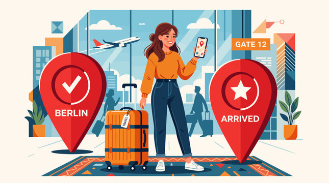 Woman with luggage at airport gate.