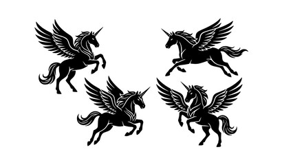 Fototapeta premium Winged Unicorn Tattoo Silhouette Black White Vector Collection