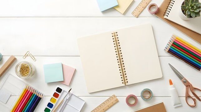 Back to school supplies flat lay with notebook stationery and cactus on white surface