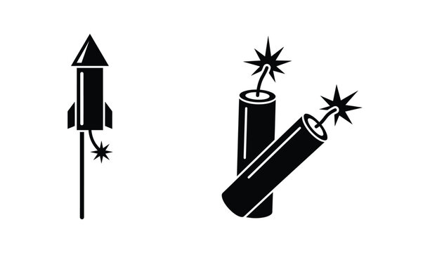 Black and white illustration of a lit firework rocket and exploding firecrackers with sparks, festive celebration concept