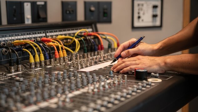 Technician labeling audio patchbay ports during a retrofit project focused on neatly arranged patch cables with wall plates softly out of focus.