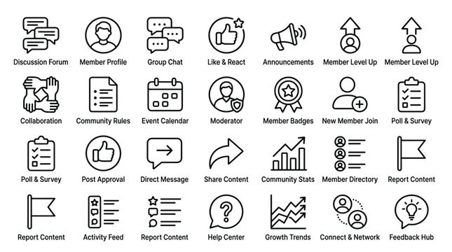 Community management line icon set with discussion forum member profile group chat like react announcements member level up collaboration community rules events.
