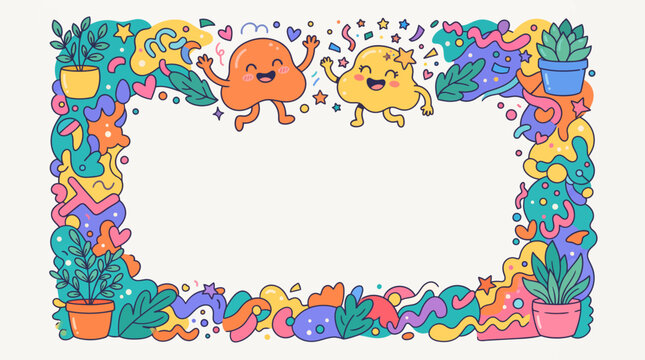 Colorful cartoon border with plants and characters.