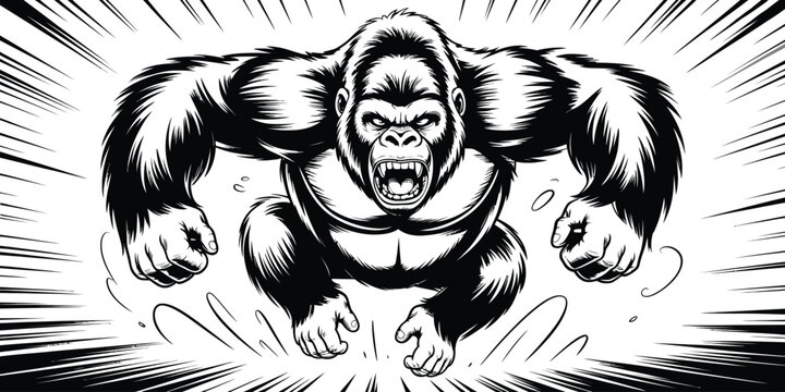 Powerful gorilla mascot vector illustration, angry silverback ape charging with speed lines, black and white comic style primate graphic for sports logos