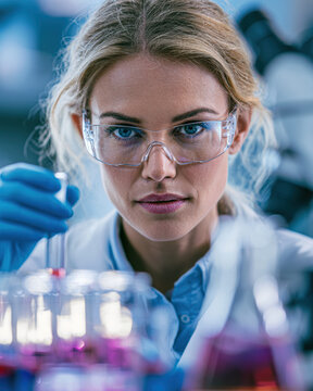 A focused female scientist wearing safety glasses and gloves conducts an experiment with test tubes in a laboratory setting.