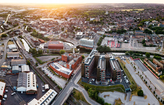 Aerial panorama view of Rotherham cityscape skyline with Forge Island and the River Rother in South Yorkshire, UK