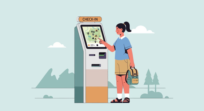 Woman uses interactive kiosk for travel check-in and map navigation in a scenic landscape.