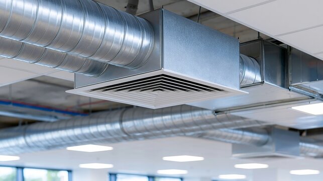 Industrial ventilation system with metal ducts inside a building