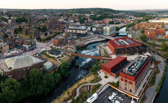 Aerial panorama view of Rotherham cityscape skyline with Forge Island and the River Rother in South Yorkshire, UK