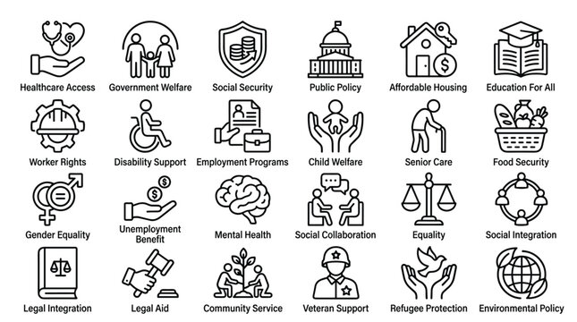 Comprehensive collection of social welfare and public policy line icons depicting community support legal assistance healthcare access and social security services.