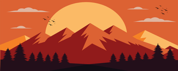 A bold flat vector illustration of a striking mountain landscape at dusk or dawn, showcasing majestic peaks and evergreen forest. © Aluna