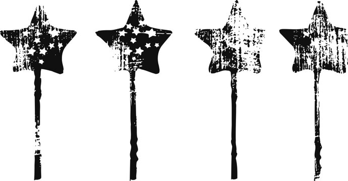 Four distressed vintage star magic wands silhouette set in black isolated on white background