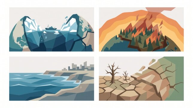 Four scenes show melting ice, forest fires, rising sea levels near cities, and cracked dry land