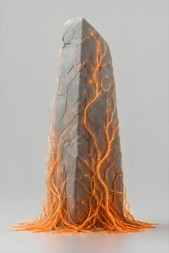 Sci-fi stone monolith wrapped in glowing orange cyber circuit roots on gray background.