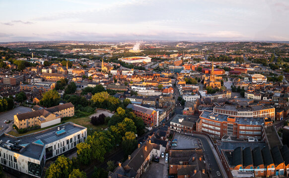 Aerial panorama view of Rotherham cityscape skyline at sunrise