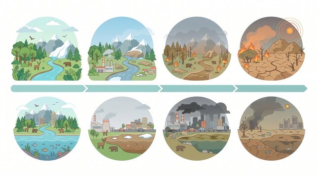 Visual timeline: nature's decline from wild to city to barren