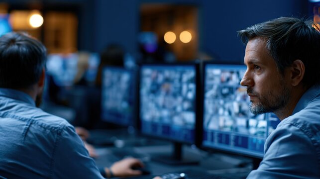 Security control room operator monitoring multiple surveillance screens