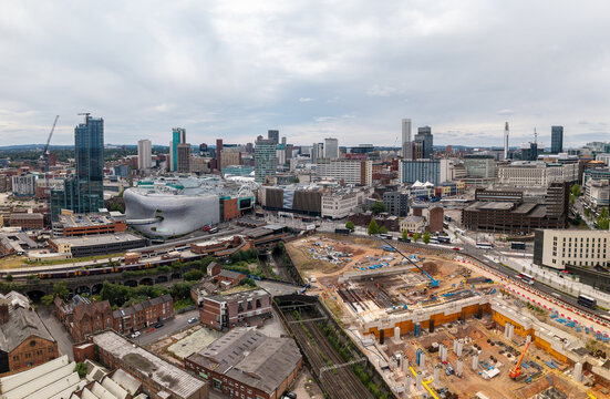 Aerial view of a Birmingham cityscape skyline with Moor Street Train Station and the new Birmingham Curzon Street HS2 station under construction