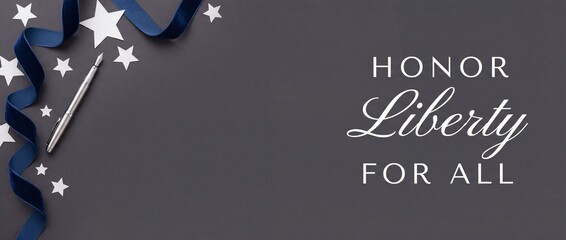 Patriotic Liberty Flat Lay Background featuring a silver fountain pen, blue velvet ribbon, and white stars celebrating American freedom, honor, and democracy; ideal for Memorial Day or Veterans Days.