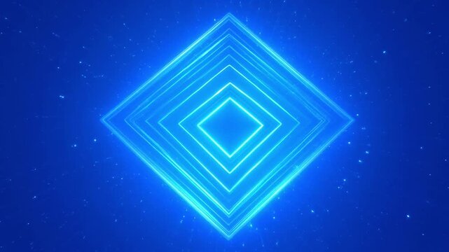 Neon blue diamond tunnel motion background, with glowing geometric, lines and particle effects