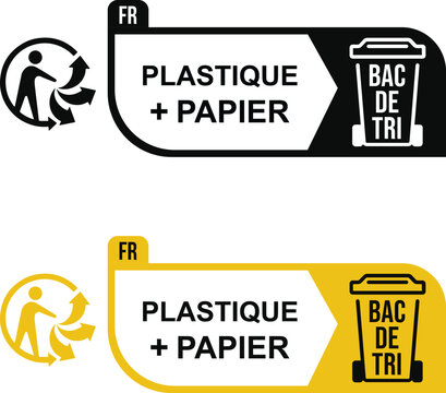 Plastique Papier France Triman recycling label for combined plastic and paper packaging, guiding consumers to correct sorting bin