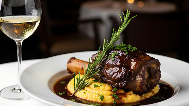 Gourmet Braised Lamb Shank with Creamy Polenta and Rosemary, Served with White Wine