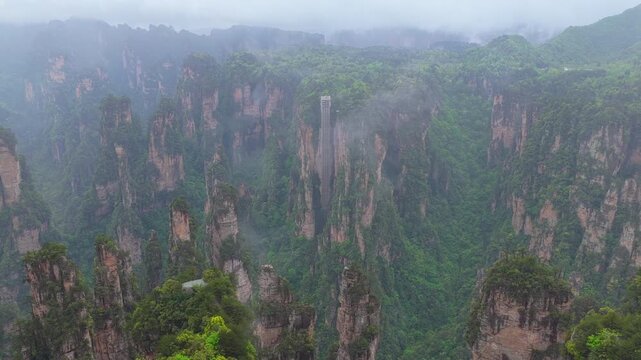 Aerial View of  Bailong Elevator in Zhangjiajie National Forest Park, Wulingyuan, Hunan Province, China
