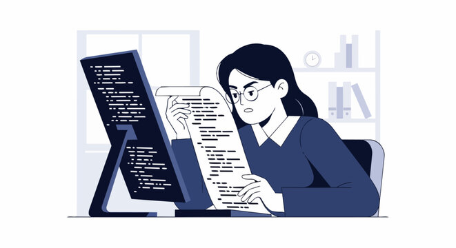 Frustrated Female Programmer Debugging Code on Computer and Long Paper Roll Illustration