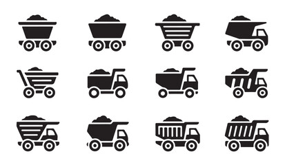 Mining dump truck glyph icons, industry and transport symbols, vector sketches. © MDIKRAM