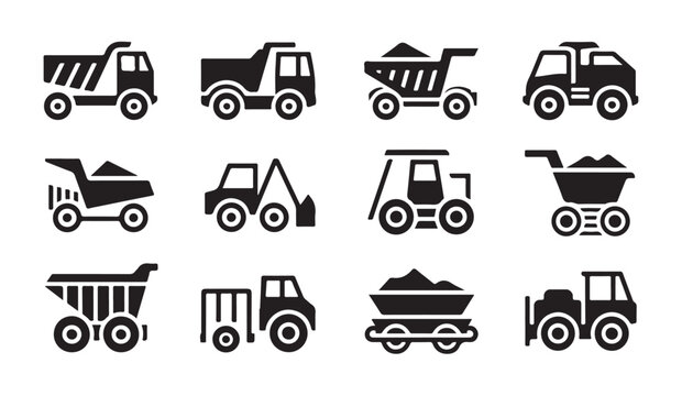 Heavy construction truck and industrial equipment icon set for mining machinery projects.