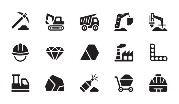 Mining excavation and industrial production process icon set for manufacturing operation.