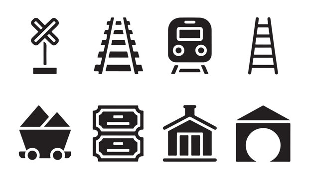 Railway transport infrastructure icon set for train logistics and warehouse storage system.