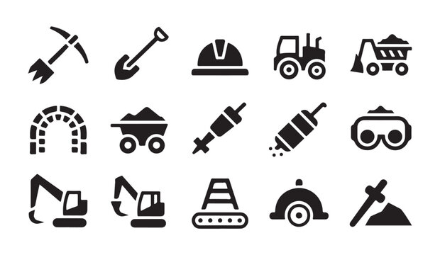 Coal mining and construction industry icons collection with heavy machinery and hand tools.