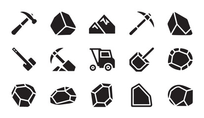 Geology and mineral exploration icons showing rock formations with tools and dump truck art. © MDIKRAM