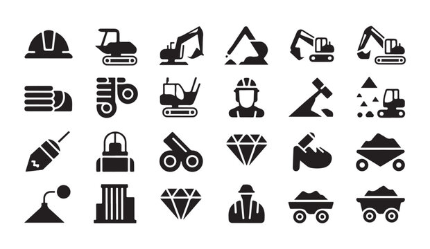 Excavator and mining machinery silhouette icons with diamonds and safety gear vector style.