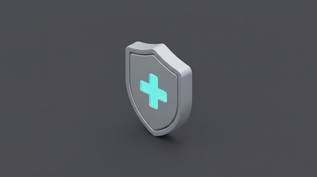 Silver medical shield icon with turquoise cross on charcoal background