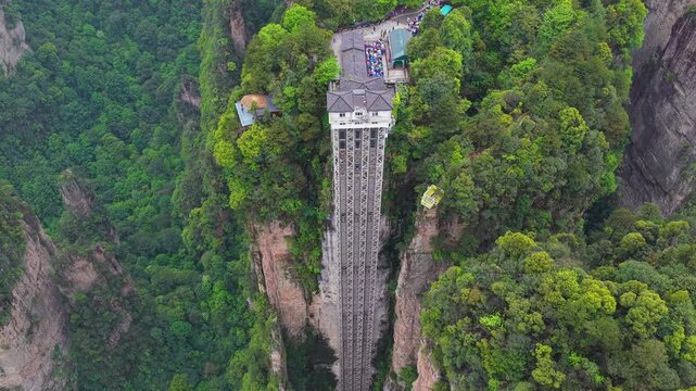 Aerial View of  Bailong Elevator in Zhangjiajie National Forest Park, Wulingyuan, Hunan Province, China