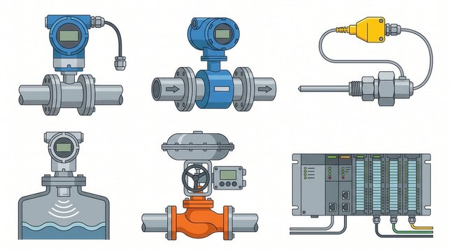 Various industrial process control devices, including sensors, actuators, and a PLC, are shown