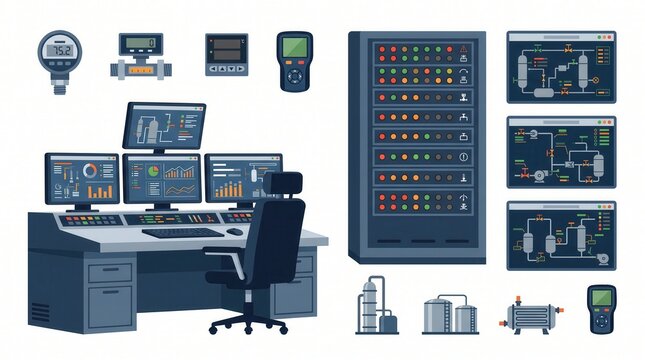 Control room shows multiple screens displaying process data, a server rack, and plant equipment