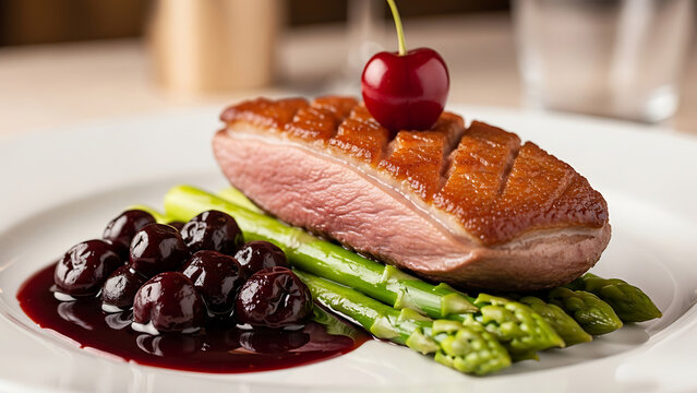 Gourmet Duck Breast with Cherries and Asparagus - Fine Dining Dish