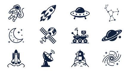 Clean Minimalist Black and White Space Exploration Icon Set Featuring Astronaut Rocket UFO Moon Satellite Rover Planet Shuttle Telescope Lunar Module Galaxy © Kamet